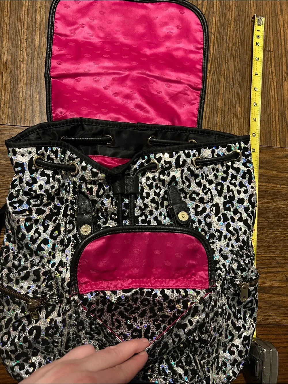 Juicy Couture Silver Holographic Leopard Print Backpack with Black and pink
